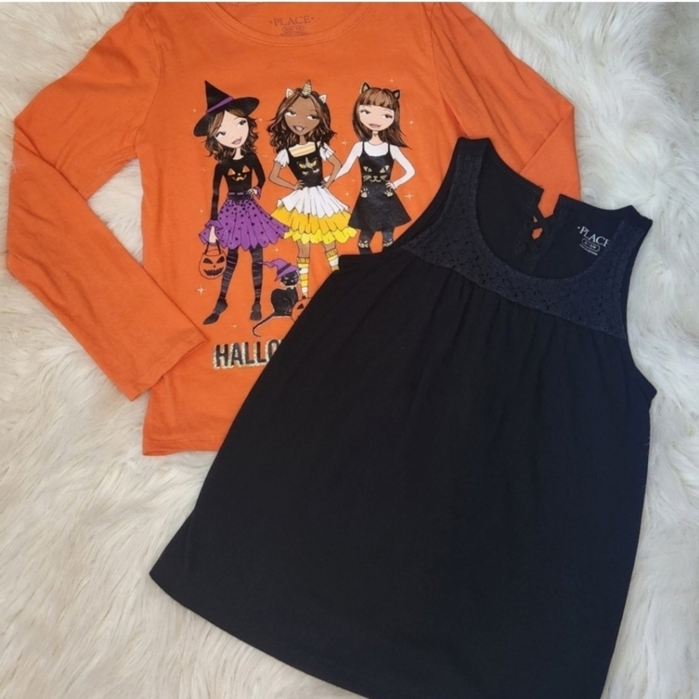 Girls- Orange Halloween Graphic Tee and Black Sleeveless Top SIZE M 7/8